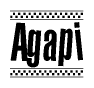 The image is a black and white clipart of the text Agapi in a bold, italicized font. The text is bordered by a dotted line on the top and bottom, and there are checkered flags positioned at both ends of the text, usually associated with racing or finishing lines.