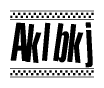 The clipart image displays the text Aklbkj in a bold, stylized font. It is enclosed in a rectangular border with a checkerboard pattern running below and above the text, similar to a finish line in racing. 