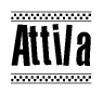   The image is a black and white clipart of the text Attila in a bold, italicized font. The text is bordered by a dotted line on the top and bottom, and there are checkered flags positioned at both ends of the text, usually associated with racing or finishing lines. 