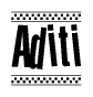 The clipart image displays the text Aditi in a bold, stylized font. It is enclosed in a rectangular border with a checkerboard pattern running below and above the text, similar to a finish line in racing. 