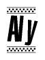 The image is a black and white clipart of the text Aly in a bold, italicized font. The text is bordered by a dotted line on the top and bottom, and there are checkered flags positioned at both ends of the text, usually associated with racing or finishing lines.