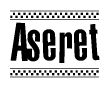 The clipart image displays the text Aseret in a bold, stylized font. It is enclosed in a rectangular border with a checkerboard pattern running below and above the text, similar to a finish line in racing. 