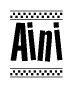 The image is a black and white clipart of the text Aini in a bold, italicized font. The text is bordered by a dotted line on the top and bottom, and there are checkered flags positioned at both ends of the text, usually associated with racing or finishing lines.