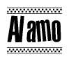The image is a black and white clipart of the text Alamo in a bold, italicized font. The text is bordered by a dotted line on the top and bottom, and there are checkered flags positioned at both ends of the text, usually associated with racing or finishing lines.