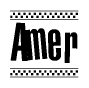 The image is a black and white clipart of the text Amer in a bold, italicized font. The text is bordered by a dotted line on the top and bottom, and there are checkered flags positioned at both ends of the text, usually associated with racing or finishing lines.