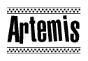 The image contains the text Artemis in a bold, stylized font, with a checkered flag pattern bordering the top and bottom of the text.