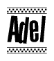 The image contains the text Adel in a bold, stylized font, with a checkered flag pattern bordering the top and bottom of the text.