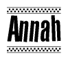 The image is a black and white clipart of the text Annah in a bold, italicized font. The text is bordered by a dotted line on the top and bottom, and there are checkered flags positioned at both ends of the text, usually associated with racing or finishing lines.