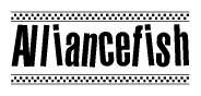 The image is a black and white clipart of the text Alliancefish in a bold, italicized font. The text is bordered by a dotted line on the top and bottom, and there are checkered flags positioned at both ends of the text, usually associated with racing or finishing lines.