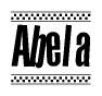 The image contains the text Abela in a bold, stylized font, with a checkered flag pattern bordering the top and bottom of the text.