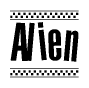 The image is a black and white clipart of the text Alien in a bold, italicized font. The text is bordered by a dotted line on the top and bottom, and there are checkered flags positioned at both ends of the text, usually associated with racing or finishing lines.