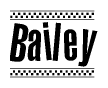 The image contains the text Bailey in a bold, stylized font, with a checkered flag pattern bordering the top and bottom of the text.