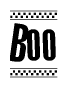 The clipart image displays the text Boo in a bold, stylized font. It is enclosed in a rectangular border with a checkerboard pattern running below and above the text, similar to a finish line in racing. 