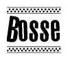 The image is a black and white clipart of the text Bosse in a bold, italicized font. The text is bordered by a dotted line on the top and bottom, and there are checkered flags positioned at both ends of the text, usually associated with racing or finishing lines.