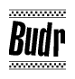The image contains the text Budr in a bold, stylized font, with a checkered flag pattern bordering the top and bottom of the text.