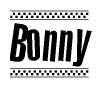 The clipart image displays the text Bonny in a bold, stylized font. It is enclosed in a rectangular border with a checkerboard pattern running below and above the text, similar to a finish line in racing. 