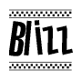 The image contains the text Blizz in a bold, stylized font, with a checkered flag pattern bordering the top and bottom of the text.