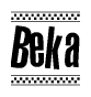 The image contains the text Beka in a bold, stylized font, with a checkered flag pattern bordering the top and bottom of the text.