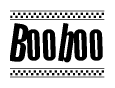 The image contains the text Booboo in a bold, stylized font, with a checkered flag pattern bordering the top and bottom of the text.