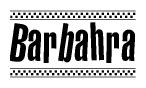 The image is a black and white clipart of the text Barbahra in a bold, italicized font. The text is bordered by a dotted line on the top and bottom, and there are checkered flags positioned at both ends of the text, usually associated with racing or finishing lines.