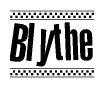 The clipart image displays the text Blythe in a bold, stylized font. It is enclosed in a rectangular border with a checkerboard pattern running below and above the text, similar to a finish line in racing. 