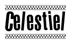 The image contains the text Celestiel in a bold, stylized font, with a checkered flag pattern bordering the top and bottom of the text.