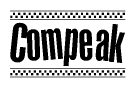 The clipart image displays the text Compeak in a bold, stylized font. It is enclosed in a rectangular border with a checkerboard pattern running below and above the text, similar to a finish line in racing. 