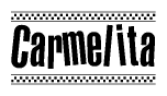 The image is a black and white clipart of the text Carmelita in a bold, italicized font. The text is bordered by a dotted line on the top and bottom, and there are checkered flags positioned at both ends of the text, usually associated with racing or finishing lines.