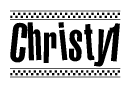 The image is a black and white clipart of the text Christy1 in a bold, italicized font. The text is bordered by a dotted line on the top and bottom, and there are checkered flags positioned at both ends of the text, usually associated with racing or finishing lines.