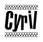 The clipart image displays the text Cyril in a bold, stylized font. It is enclosed in a rectangular border with a checkerboard pattern running below and above the text, similar to a finish line in racing. 