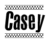 The clipart image displays the text Casey in a bold, stylized font. It is enclosed in a rectangular border with a checkerboard pattern running below and above the text, similar to a finish line in racing. 