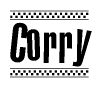 The image contains the text Corry in a bold, stylized font, with a checkered flag pattern bordering the top and bottom of the text.
