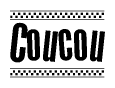 The image is a black and white clipart of the text Coucou in a bold, italicized font. The text is bordered by a dotted line on the top and bottom, and there are checkered flags positioned at both ends of the text, usually associated with racing or finishing lines.