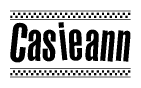 The image is a black and white clipart of the text Casieann in a bold, italicized font. The text is bordered by a dotted line on the top and bottom, and there are checkered flags positioned at both ends of the text, usually associated with racing or finishing lines.