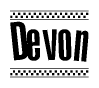 The clipart image displays the text Devon in a bold, stylized font. It is enclosed in a rectangular border with a checkerboard pattern running below and above the text, similar to a finish line in racing. 