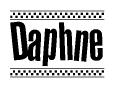 The image contains the text Daphne in a bold, stylized font, with a checkered flag pattern bordering the top and bottom of the text.