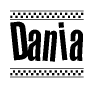 The image is a black and white clipart of the text Dania in a bold, italicized font. The text is bordered by a dotted line on the top and bottom, and there are checkered flags positioned at both ends of the text, usually associated with racing or finishing lines.