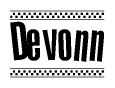 The image contains the text Devonn in a bold, stylized font, with a checkered flag pattern bordering the top and bottom of the text.