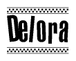 The image contains the text Delora in a bold, stylized font, with a checkered flag pattern bordering the top and bottom of the text.