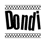 The image is a black and white clipart of the text Dondi in a bold, italicized font. The text is bordered by a dotted line on the top and bottom, and there are checkered flags positioned at both ends of the text, usually associated with racing or finishing lines.