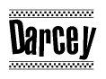 The clipart image displays the text Darcey in a bold, stylized font. It is enclosed in a rectangular border with a checkerboard pattern running below and above the text, similar to a finish line in racing. 