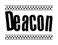 The image contains the text Deacon in a bold, stylized font, with a checkered flag pattern bordering the top and bottom of the text.