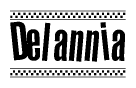 The clipart image displays the text Delannia in a bold, stylized font. It is enclosed in a rectangular border with a checkerboard pattern running below and above the text, similar to a finish line in racing. 