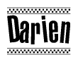 The image contains the text Darien in a bold, stylized font, with a checkered flag pattern bordering the top and bottom of the text.