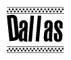 The image is a black and white clipart of the text Dallas in a bold, italicized font. The text is bordered by a dotted line on the top and bottom, and there are checkered flags positioned at both ends of the text, usually associated with racing or finishing lines.
