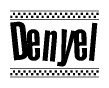 The image contains the text Denyel in a bold, stylized font, with a checkered flag pattern bordering the top and bottom of the text.