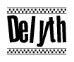 The image is a black and white clipart of the text Delyth in a bold, italicized font. The text is bordered by a dotted line on the top and bottom, and there are checkered flags positioned at both ends of the text, usually associated with racing or finishing lines.