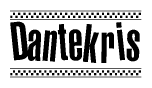 The image is a black and white clipart of the text Dantekris in a bold, italicized font. The text is bordered by a dotted line on the top and bottom, and there are checkered flags positioned at both ends of the text, usually associated with racing or finishing lines.