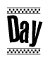 The image is a black and white clipart of the text Day in a bold, italicized font. The text is bordered by a dotted line on the top and bottom, and there are checkered flags positioned at both ends of the text, usually associated with racing or finishing lines.