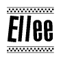 The image is a black and white clipart of the text Ellee in a bold, italicized font. The text is bordered by a dotted line on the top and bottom, and there are checkered flags positioned at both ends of the text, usually associated with racing or finishing lines.